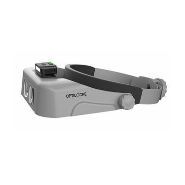 Side view of the grey SmartPro OptiLoupe Headband Magnifier, highlighting the adjustable side knobs and head strap.
