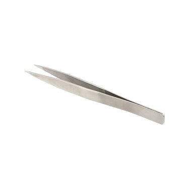Perspective view of straight stainless steel jewelry soldering tweezer on white background.