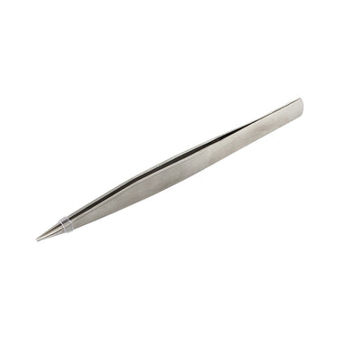 Angled view of straight precision soldering tweezer with clear silicone tip protector.