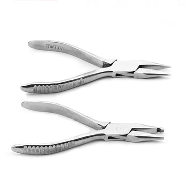 Pair of stainless steel forming pliers showing flat tip and slotted jaw styles in horizontal layout.