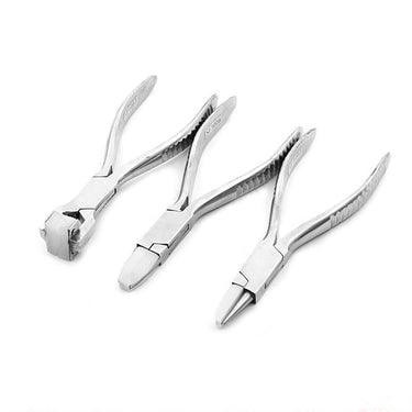 Trio of non-marring stainless steel eyeglasses pliers fitted with protective white nylon jaw clamps.