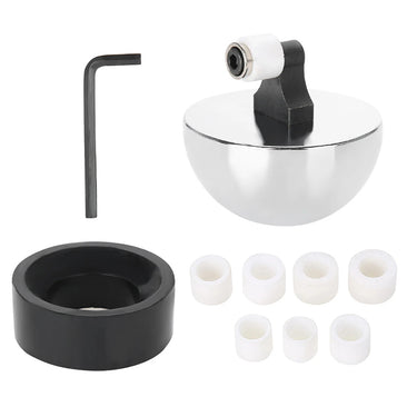 Stainless steel ring ball vise set with rubber base, hex wrench, and nylon collets.