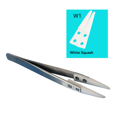 Stainless steel tweezer fitted with W1 white squash wide ceramic tips and inset tip diagram.