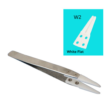 Non-magnetic stainless steel tweezer with W2 white flat ceramic tips and model inset.