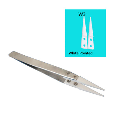 Precision stainless steel tweezer equipped with W3 white sharp pointed ceramic tips.