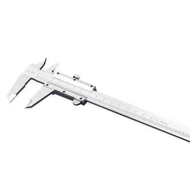 Angled view from the left of a precision stainless steel vernier caliper showing the metric scale beam.