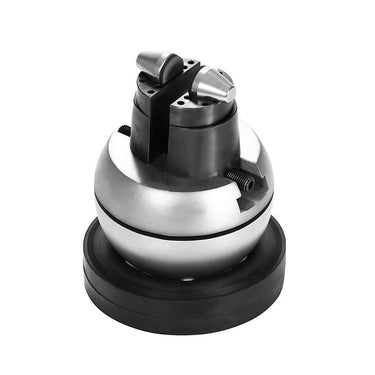 Top-angle view of standard engraving ball vise mounted on black rubber base ring.
