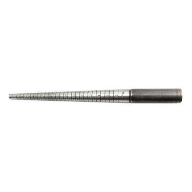 Macro close-up of the precise laser-engraved US ring size numbers on a polished steel mandrel.