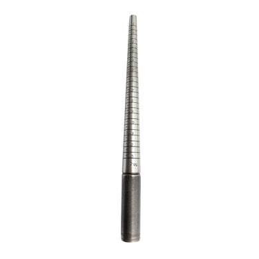 Silver steel ring sizer mandrel tool with standard US sizing dimensions displayed horizontally.