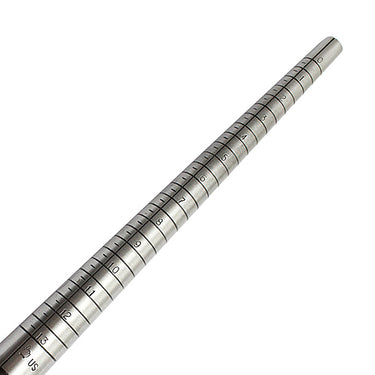 Tapered solid steel ring sizing stick featuring clear US laser markings on a white background.