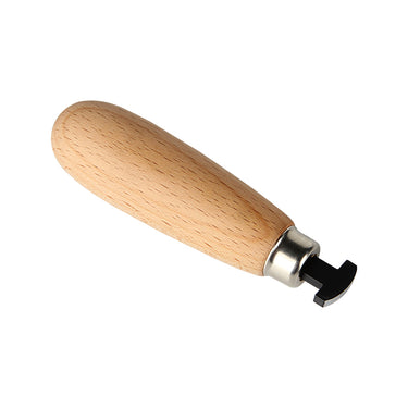 Stuccler bezel roller tool with curved steel head and smooth hardwood handle for stone setting.