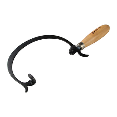 Top-angle view of Stuccler curved saw frame showing wooden handle and blade clamp thumbscrews.