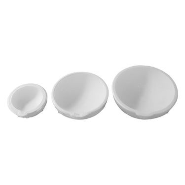 Three different sizes of white high-purity ceramic melting crucibles lined up horizontally