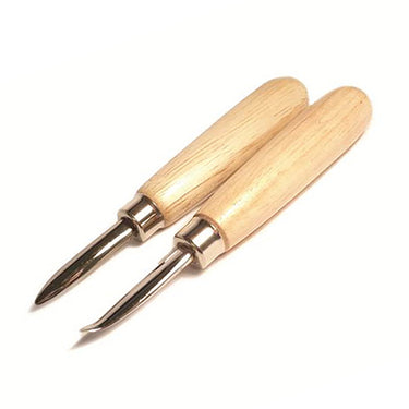 Stuccler straight and curved steel burnishers with ergonomic wooden handles for bezel setting.