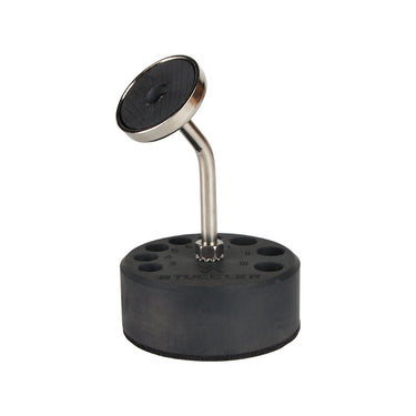 Side profile view of the Stuccler little torch stand highlighting the angled magnetic mount arm.