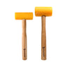 Two different sized Stuccler polyurethane non-marring mallets with yellow heads and wooden handles.