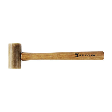 Side view of a Stuccler rolled rawhide mallet lying horizontally with its cylindrical head on the left.
