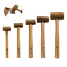 Five different sizes of Stuccler rawhide mallets lined up next to an inset circle showing a mallet in use.