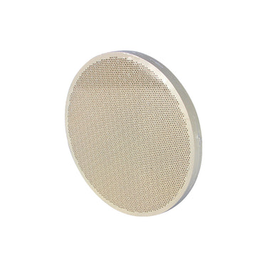 Angled side perspective view of a round white honeycomb ceramic jewelry soldering board