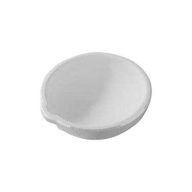 Perspective view of a single small Stuccler white fine ceramic melting crucible dish with a single pouring lip
