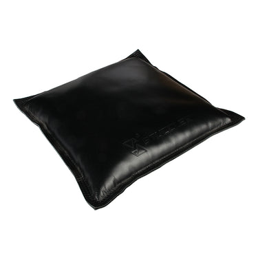 An angled perspective view of a square Stuccler black leather sandbag on a white background.