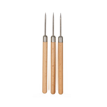 Vertical presentation view of three titanium jewelry solder picks with protective wooden handles