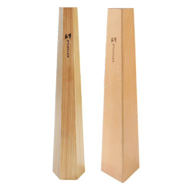 Side-by-side view of a hexagonal and a square Stuccler wooden bracelet mandrel showing the brand logo.