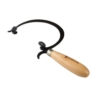 Angled view of Stuccler curved jewelry saw frame with ergonomic wooden handle.