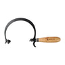 Full view of Stuccler wooden handle curved saw frame with black metal arm and thumbscrews.