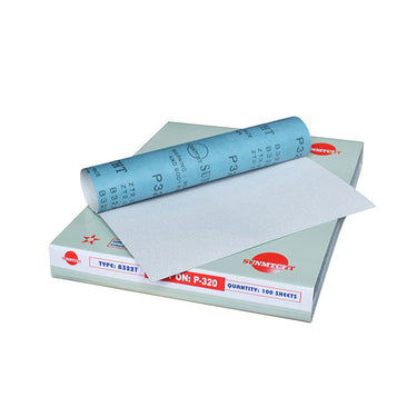 A package of SUNMTCH P-320 grit dry abrasive paper with a rolled-up blue sheet showing the backing texture.