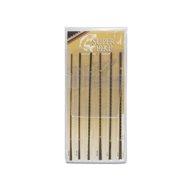 An assortment pack of Super Pike jeweler's saw blades displaying various sizes from 6/0 to 3 in a clear pouch.
