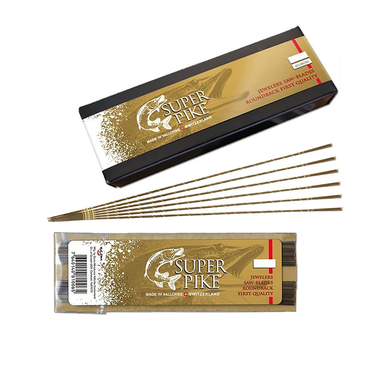 A wholesale 10-gross box of Swiss Super Pike roundback jeweler's saw blades shown with loose bundles.