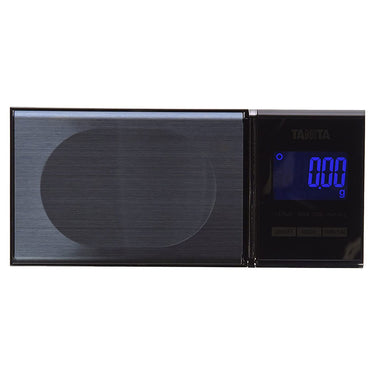 Overhead view of the Tanita 1479J2 professional scale with the blue backlit display powered on.