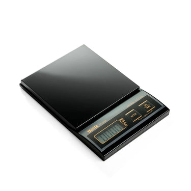 Perspective view of the Tanita KP-400M mini scale with a large black weighing platform.