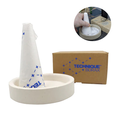 Wrapped borax cone and ceramic dish shown next to the retail product box with an overlay circle of the tool in use.