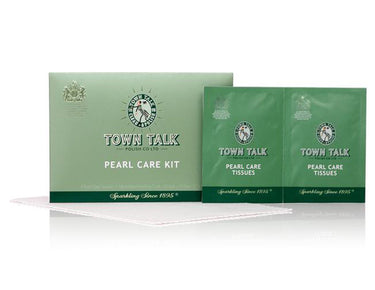 Town Talk Pearl Care Kit box, containing tissues and a microfibre polishing cloth for safely cleaning delicate pearls and restoring luster.