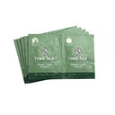 Town Talk Pearl Care Tissues individual foil packets and packaging laid open, showing the green color and "Sparkling Since 1895" text.