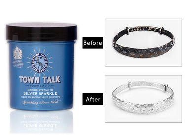 Before and after comparison of a silver bracelet cleaned with Town Talk Silver Sparkle.