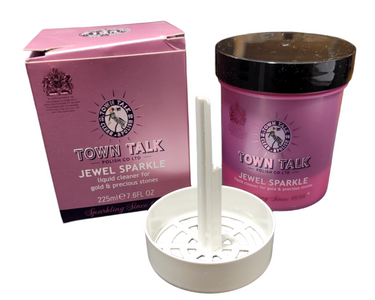 Town Talk Jewel Sparkle kit including liquid cleaner, dipping basket, and product box for gold jewelry.