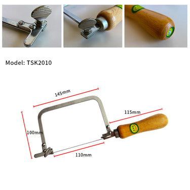 TSK-2010 fixed jeweler saw frame dimension diagram with detailed insets of thumbscrews.