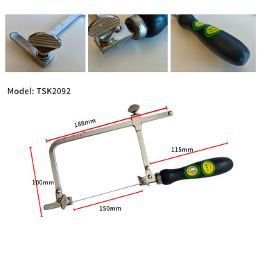 TSK-2092 adjustable jeweler saw frame dimension diagram with black handle and close-up insets.