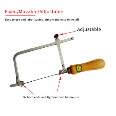 Guide graphic showing blade tensioning and adjustment points on TSK jeweler saw frame.