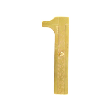 Vertical position view of a TSK mini brass pocket caliper showing the dual inch and millimeter markings.