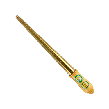 An angled diagonal product shot of a brass ring size stick with a thumbs-up logo on the wooden handle.