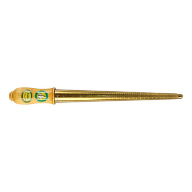 Full horizontal studio view of a golden brass ring sizing mandrel featuring a light wood handle.