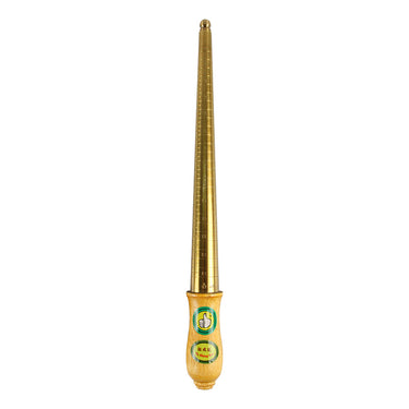 Full vertical view of a brass ring measuring stick with a wooden handle on a white background.