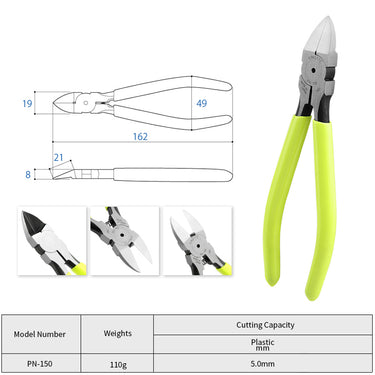 Dimension diagram and cutting capacity chart for King TTC PN-150 diagonal cutting pliers.