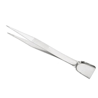 Angled view of multipurpose TSK stainless steel tweezers with rear scoop shovel spoon.