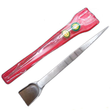 TSK stainless steel diamond tweezer with rear scoop shovel beside red vinyl storage case.