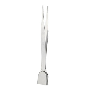 Front vertical view of TSK stainless steel tweezer featuring diamond sorting shovel tail.
